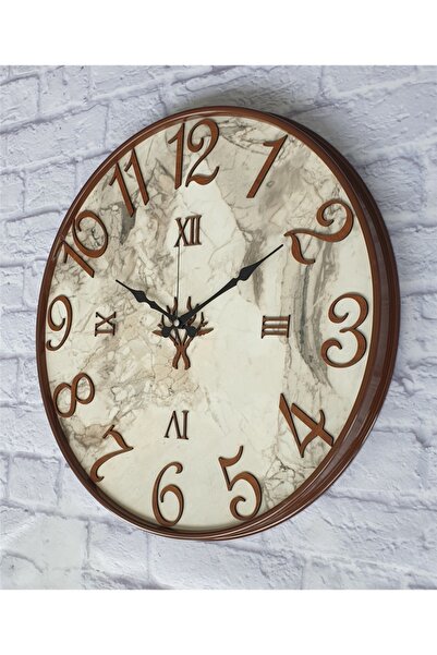 Markakanvas Kahverengi Renk Metal Kasalı Mermer Desenli Kahverengi Renkli Duvar Saati Çap 40 Cm