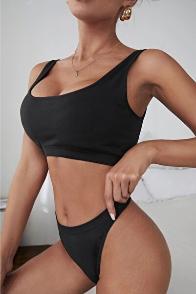 Fancy&Dancy Kadın Siyah Pamuklu Penye Kumaş Iç Çamaşır Takımı