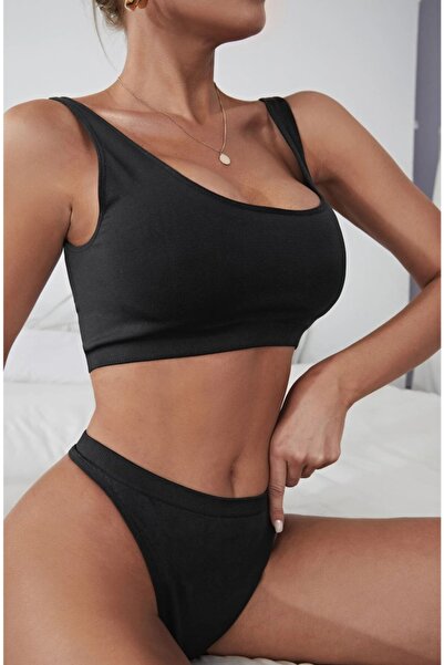 Fancy&Dancy Kadın Siyah Pamuklu Penye Kumaş Iç Çamaşır Takımı