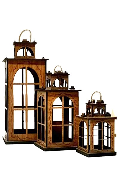 ADF TOPTAN Fener Mumluk Dekoratif Ahşap 30 Cm Lik 3 Lü Fener Şamdan Takımı