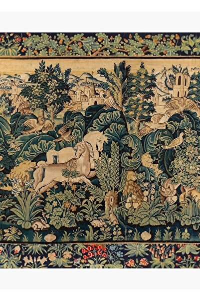 Universal Woodland'da Muhteşem Hayvanlar Ve Atlar Mavi Yeşil Fildişi Antik Fransız Goblen Ahşap Poster