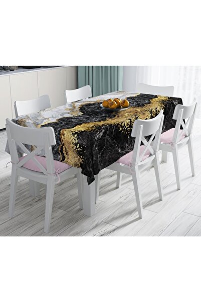 Realhomes Modern Siyah Beyaz Altın Mermer Motifli Dijital Baskılı Leke Tutmaz...