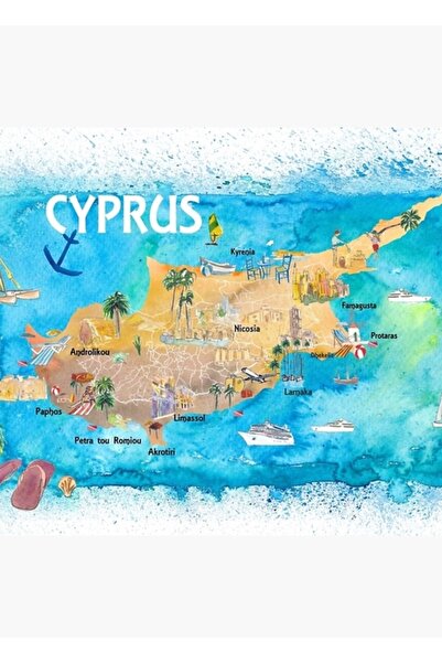 Universal Ana Yolları Ve Öne Çıkanları Ile Resimli Kıbrıs Haritası Tablo Ahşap Poster Dekoratif