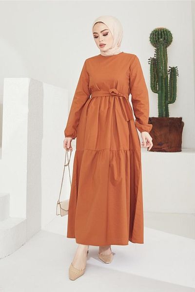 benguen 411 Zero Collar Waist Belted Hijab Dress Cinnamon