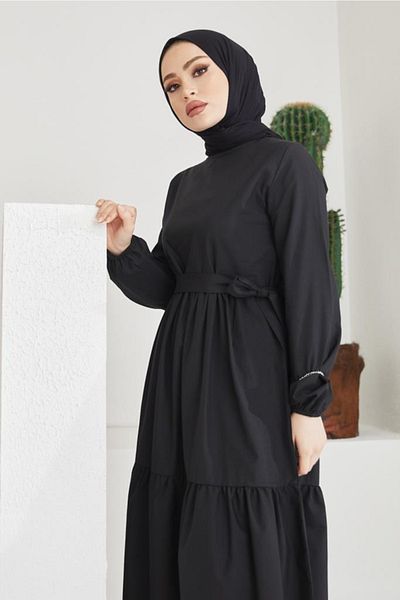 benguen 411 Zero Collar Waist Belted Hijab Dress