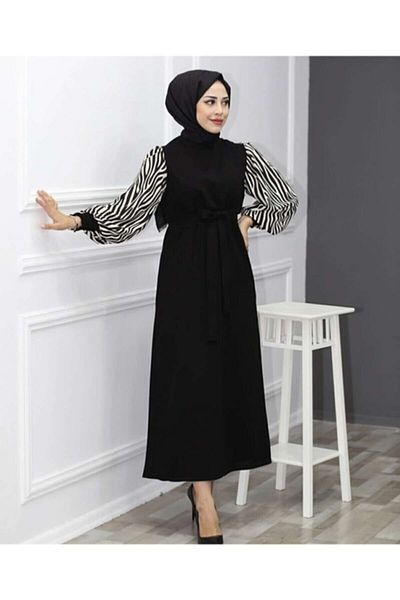 VOLT CLOTHİNG Langes Hijab-Kleid mit Ballonärmeln und Zebramuster - Schwarz