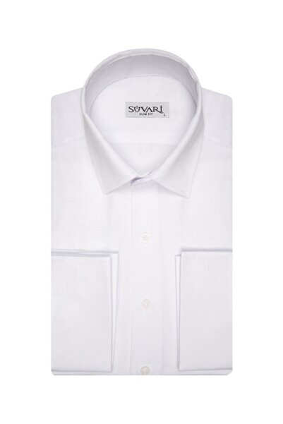 SÜVARİ Erkek Beyaz Classics Armürlü Kol Düğmesi Takılabilir Manşetli Özel Gömlek
