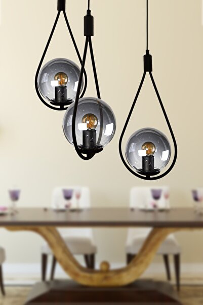 Arde Aydınlatma Damla 3.lü Sarkıt Avize Siyah ( Füme Glop Camlı) Tarz Avize