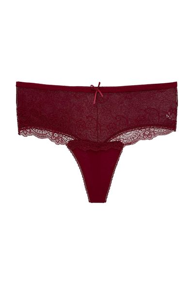 HNX Chiloți de damă cu tanga cu talie înaltă din bumbac burgundă