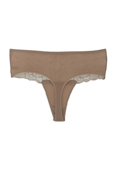 HNX Brown Cotton Lace Front Large Size High Waist Thong Women's Panties