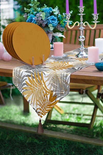 Realhomes Gold Detaylı Tropik Üçgen Püsküllü Runner 1 Adet & 6 Adet Kahvereng...