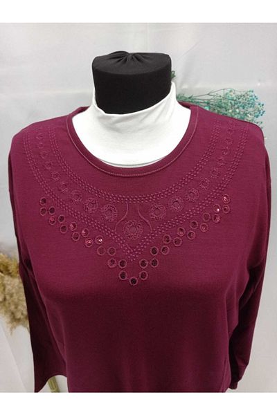 Sel Tekstil Women's Plus Size Crew Neck Mother Combed Cotton Blouse