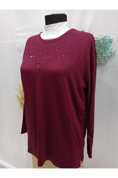 Sel Tekstil Women's Plus Size Crew Neck Mother Combed Cotton Blouse