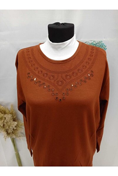 Sel Tekstil Women's Plus Size Crew Neck Mother Combed Cotton Blouse