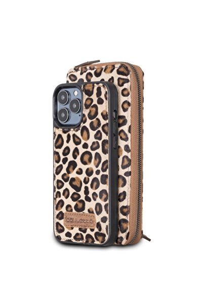 Bouletta Iphone 13 Pro Max Uyumlu Deri Fermuarlı Cüzdan Kılıf Leo-1 Leopar