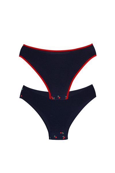 Perita.Life Women's 2-Piece Navy Blue Cotton Cherry Patterned Regular Waist Slip Panties