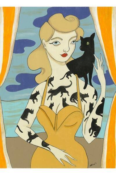 Universal Tablou decorativ din lemn cu pisică neagră tatuată