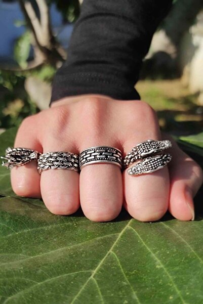 The Collection Unisex 4'lü Gümüş Kaplama Ayarlanabilir Yüzük Set