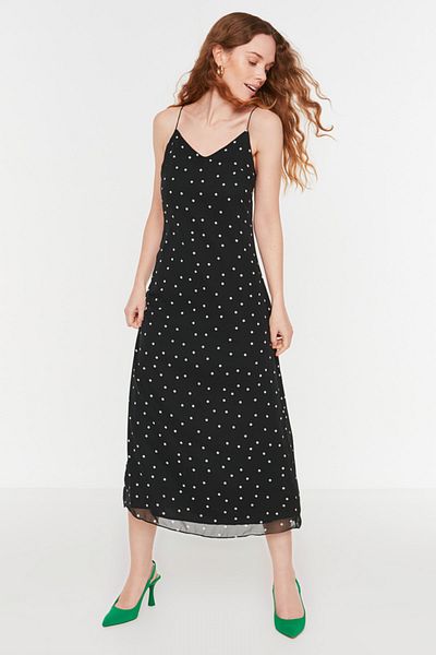 Trendyol Collection Black Polka Dot A-line Chiffon Midi Lined Woven Dress TWOSS22EL0267