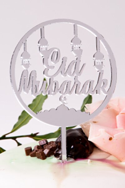 Huzur Party Store Eid Mubarak Yazılı Gümüş Ayna Pleksi Gri Silver Pasta Üstü ...
