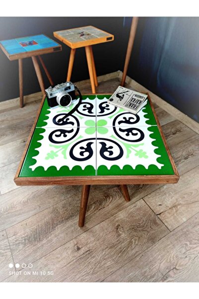 Resmo Berova Sehpa Ceviz 42x42cm Doğal Masif Seramik Zigon Sehpa Salon Mobilya