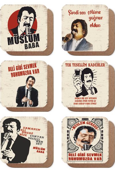 Hayat Poster Arabesque King Müslüm Gürses Müslüm Baba Themed Set of 6 Retro Wooden Coasters