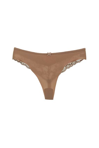 HNX Γυναικείο εσώρουχο καφέ Micro Fabric Thong με λεπτομέρεια δαντέλας στην πλάτη