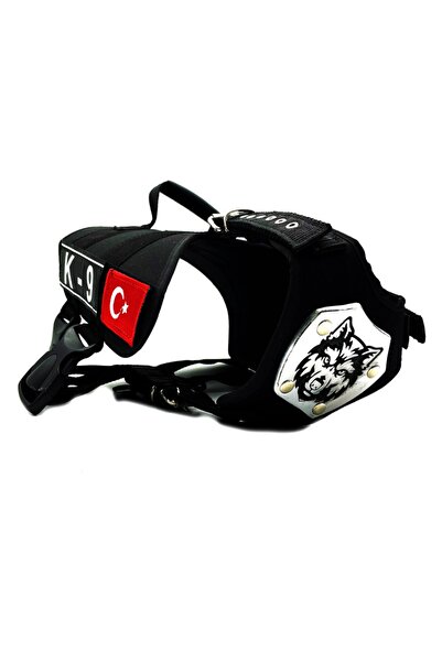 Tasma Market Siyah K9 Kurt Başlı Türk Bayraklı Köpek Göğüs Tasması Köpek Bellik