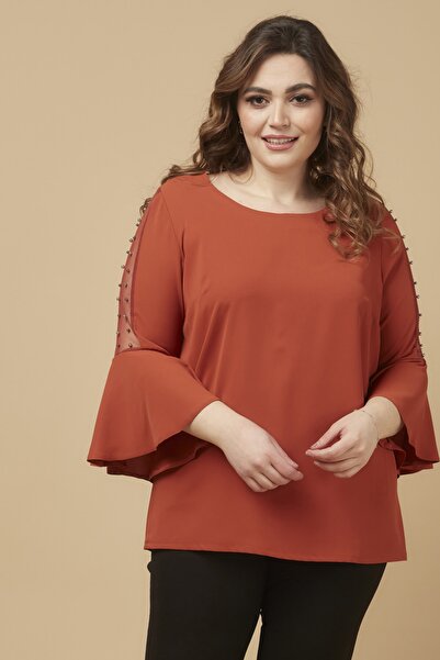 Moda Alba Cinnamon Sleeve Pearl Flounce Plus Size Stylish Blouse
