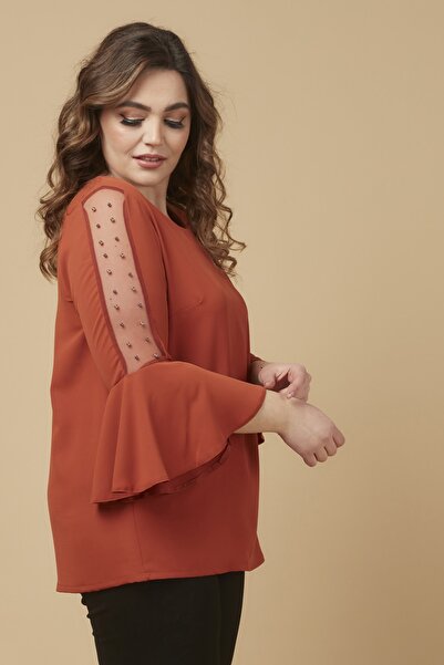 Moda Alba Cinnamon Sleeve Pearl Flounce Plus Size Stylish Blouse