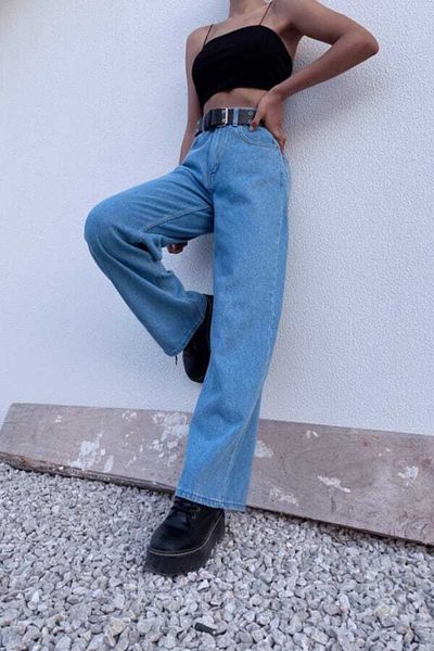 Trn JNS Blue Power Lycra Super High Waist Loose Jeans Palazzo Παντελόνι Φαρδύ πόδι.