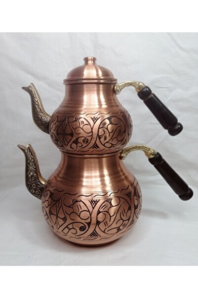 EldenEveBakır Bakır Çaydanlık Oyma Işçilikli Ahşap Saplı El Yapımı Büyük Boy