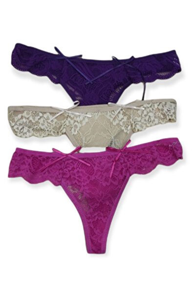 YNCUNDERWEAR Desenli Pamuklu Kadın Tanga Külot 3 Adet Mor Ten Fuşya