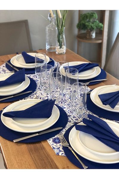 desen izmir American Serve, blue hexagonal 6 Plates, 6 Napkins and Runner
