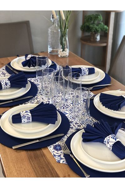 desen izmir American Service, Blue Hexagon 6 Plates, 6 Napkins, 6 Napkin Rings and Runner Tk4