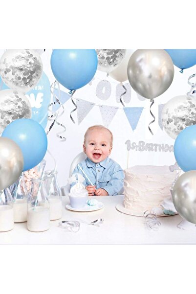 Parti dolabı 15li Gümüş Konfetili 5 Şeffaf Balon 5 Makaron Mavi 5 Metalik Gri Balon Seti