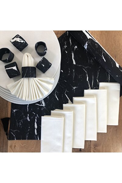 desen izmir Amerikan Servis,siyah Mermer 6 Supla,6 Peçete 6 Peçete Halkası Ve...