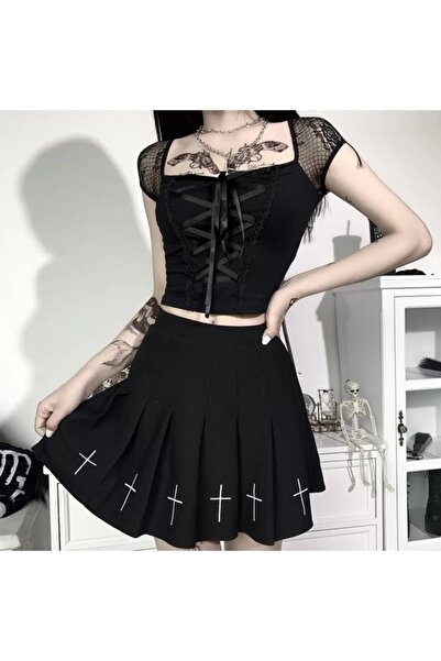 Köstebek Harajuku Gothic Lace Black Strap T-Shirt