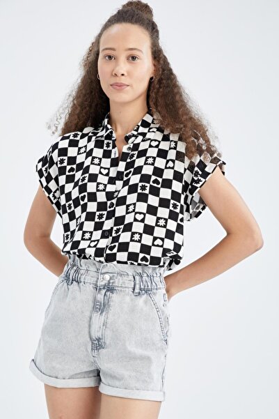 DeFacto Cămașă din viscoză cu mânecă scurtă cu imprimeu, cu model pepene verde, cu guler relaxat