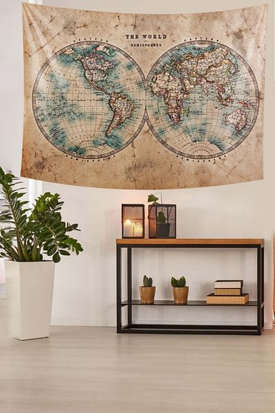 Pelangi World Map Stain Resistant Velvet Textured Fabric Wall Cloth Wall Carpet Tapestry