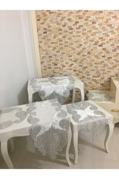 Canbey Krem Kadife Üzeri Gümüş Dantelli 5 Parça Salon Takımı Runner Seti