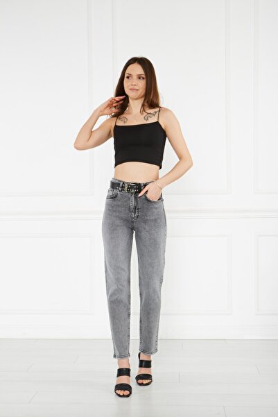 cracpot Arka Cep Kauçuk Baskılı Mom Jeans