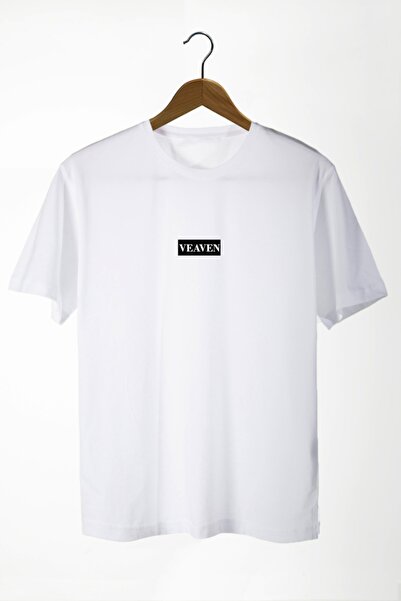 VEAVEN Unisex Beyaz Önü Maskeli Kedi Baskılı Bisiklet Yaka Oversize Kalıp Basic Pamuklu T-shirt