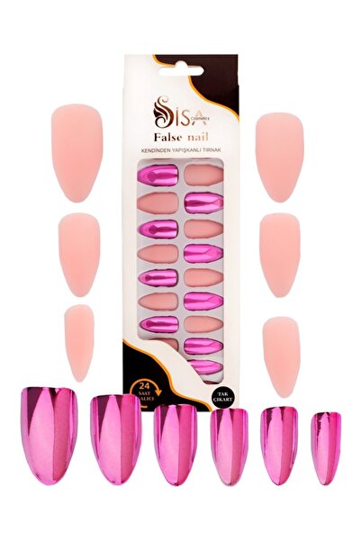 SİSA Cosmetics Badem Batik Desenli Pudra Ve Pembe Tak Ve Çık 24'lü Takma Tırnak