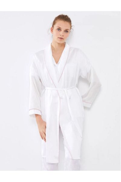 LC Waikiki Bedruckter Morgenmantel aus Satin mit langen Ärmeln und Schalkragen für Damen