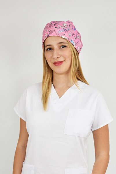 Nur Medikal Giyim Unisex Pembe Güzellik Desenli Cerrahi Bone Doktor Hemşire S...