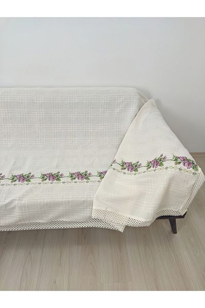 TUNCAY TEKSTİL 350 cm Purple Cross Stitch Sofa Bed Sofa Cover - Embroidered Sofa