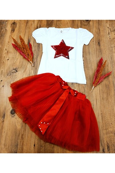 ALKANO Kız Çocuk 23 Nisan Yıldızlı Pul Payetli Tişört Ve Pilseli Tül Etek