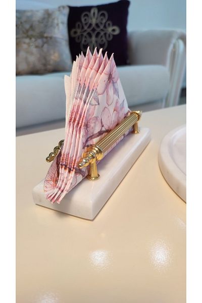 Sümeyra Marble Art Natural White Marble Base Napkin Holder | Gold