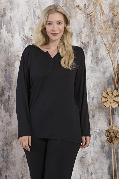 STYLE SENFONİ Viskon V Yaka Battal Uzun Kol Licralı Pijama Tk